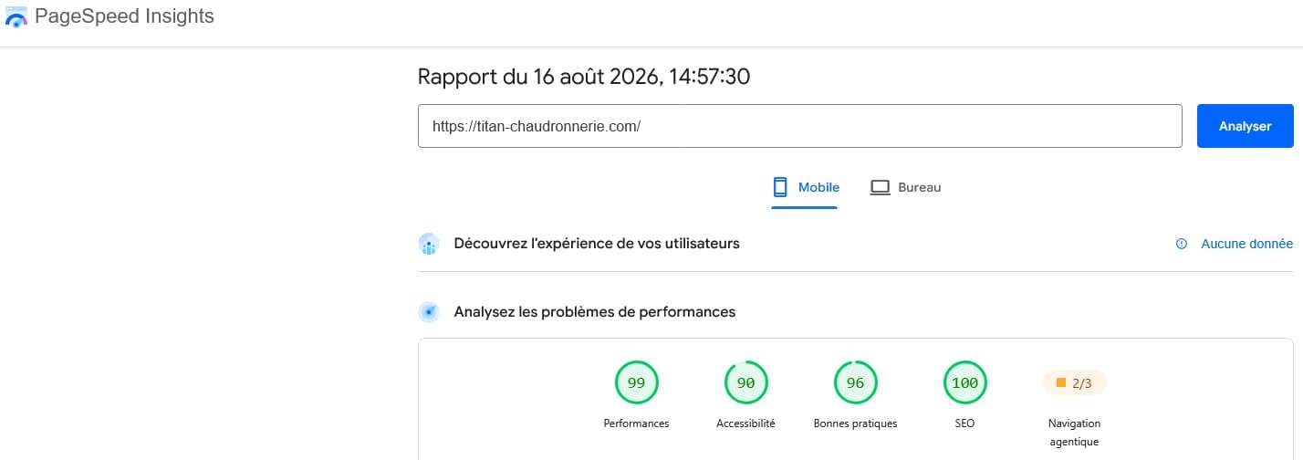 Performances PageSpeed Insights mobile du site Titan Chaudronnerie