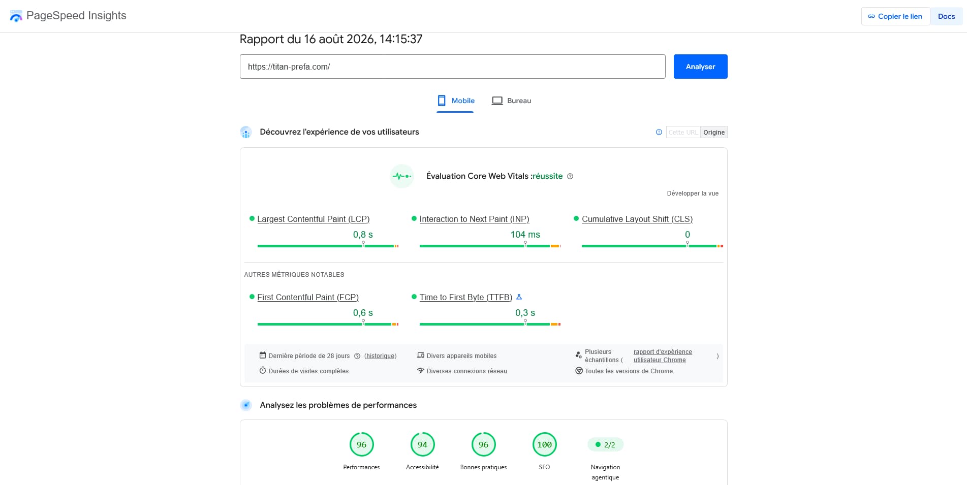 Performances PageSpeed Insights mobile du site Titan Prefa