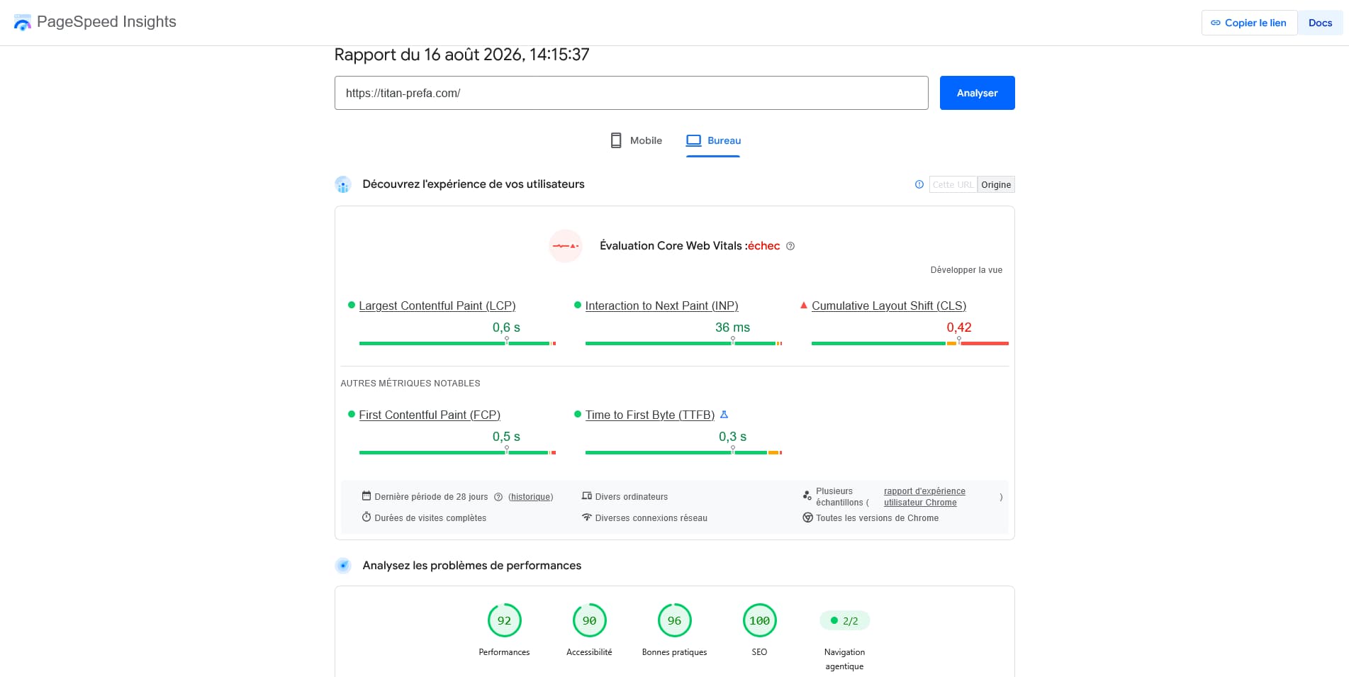 Performances PageSpeed Insights ordinateur du site Titan Prefa